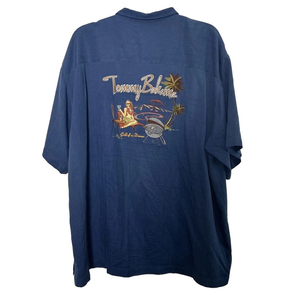 Tommy Bahama Blue 2XL 100% Silk Shirt Embroidered Panel Back Grill of My Dreams